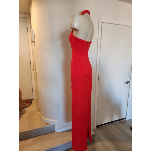 NICHOLAS Red Halter Neck Keyhole Maxi Dress Ladder Stitch Detail Formal Gown 4 - Picture 3 of 13